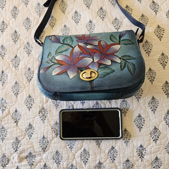 Anuschka Hand Painted Leather Shoulder Bag Blue Floral Turnlock - Picture 10 of 16